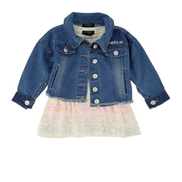 NWT Baby Girls Bebe Print Skater Dress and Denim Jacket‎ Set Size 12M - Picture 1 of 10